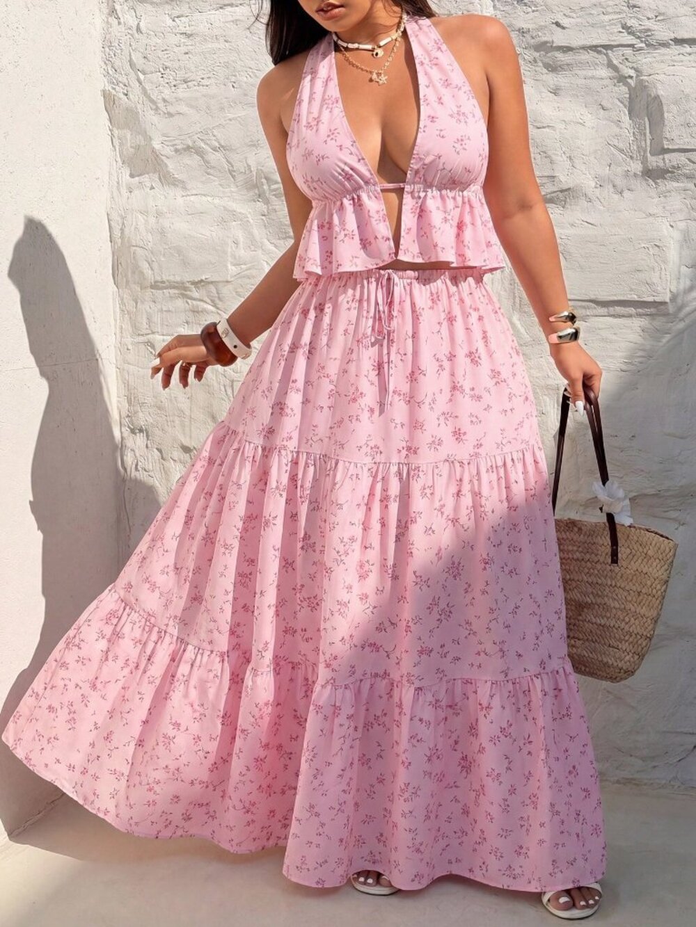 Pink Boho Minimalist Women's Sexy Halter Neck top and Long Skirt 2-Piece Set - Picture 6 of 7